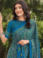 Ocean Blue Crepe Silk Digital Print Saree